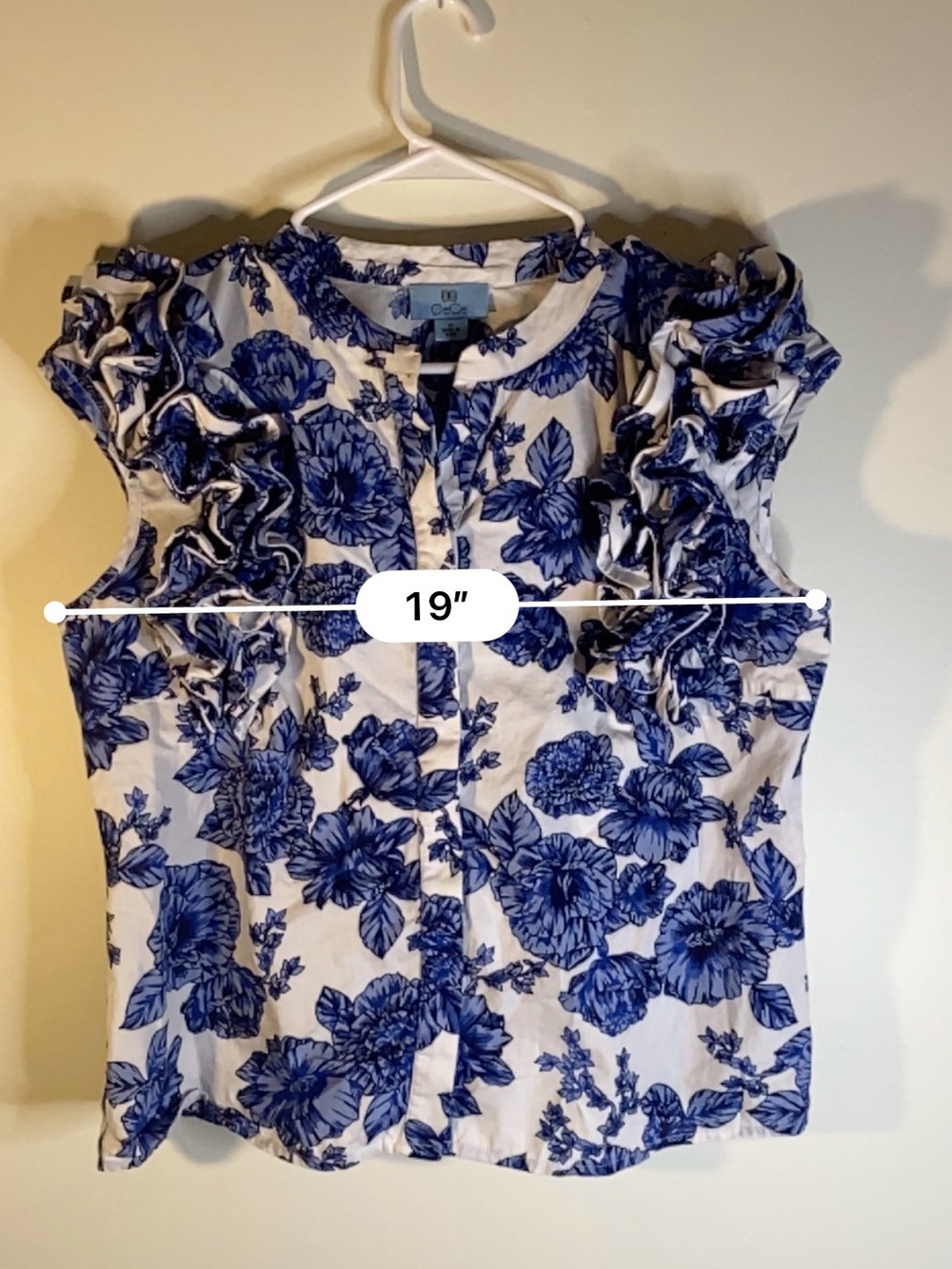 CeCe Blue and White Floral Ruffle Sleeve Blouse - Picture 11 of 12